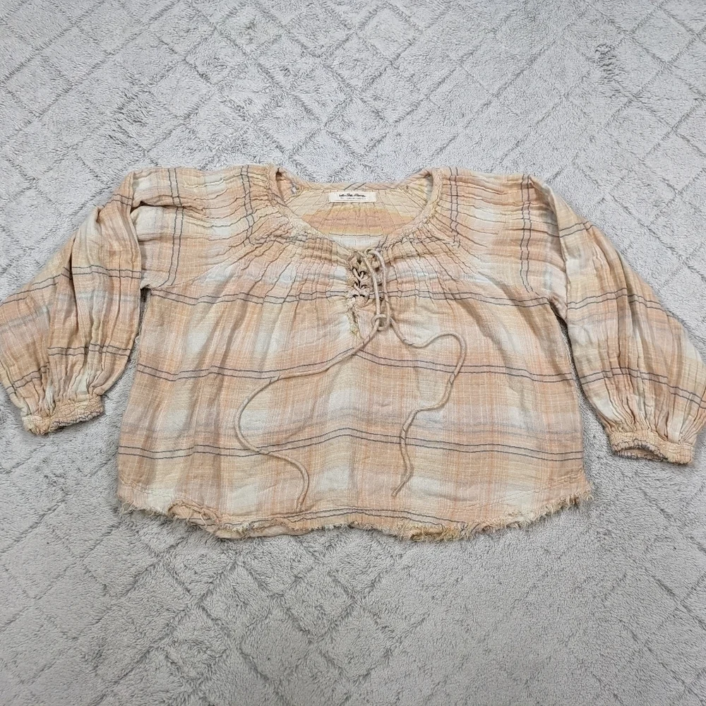 Free People Shirt Women's S Beige Plaid Cloudbreaker Oversized Boho Top Lace Up